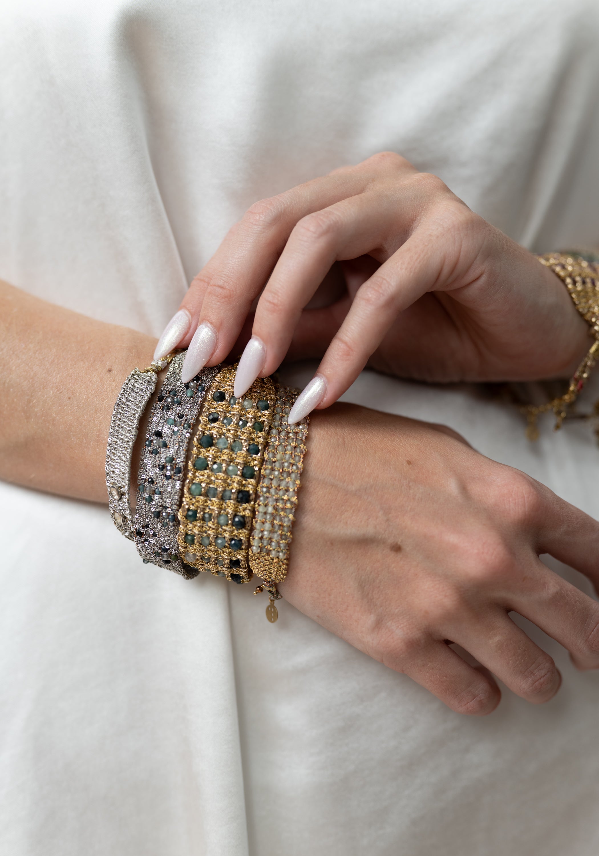 Gold Plated Woven Silver Tone Polki Diamond Bracelet