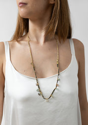 Gold Plated Kyanite, Tourmaline and Chalcedony Long Woven Necklace