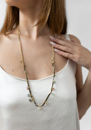 Gold Plated Kyanite, Tourmaline and Chalcedony Long Woven Necklace