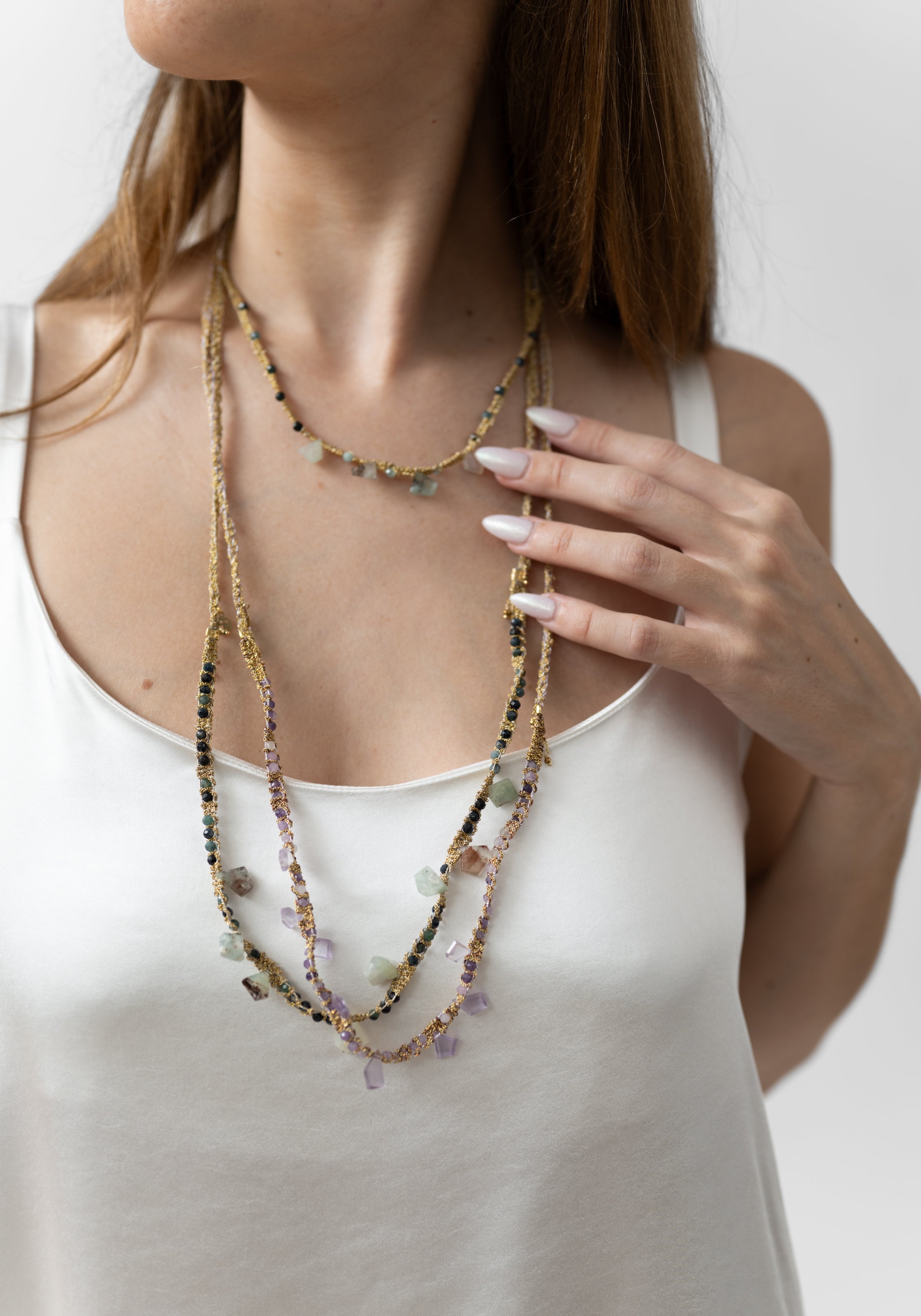 Gold Plated Kyanite, Tourmaline and Chalcedony Long Woven Necklace