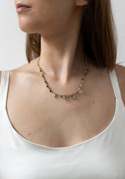 Gold Plated Tourmaline, Kyanite, and Chalcedony Woven Necklace