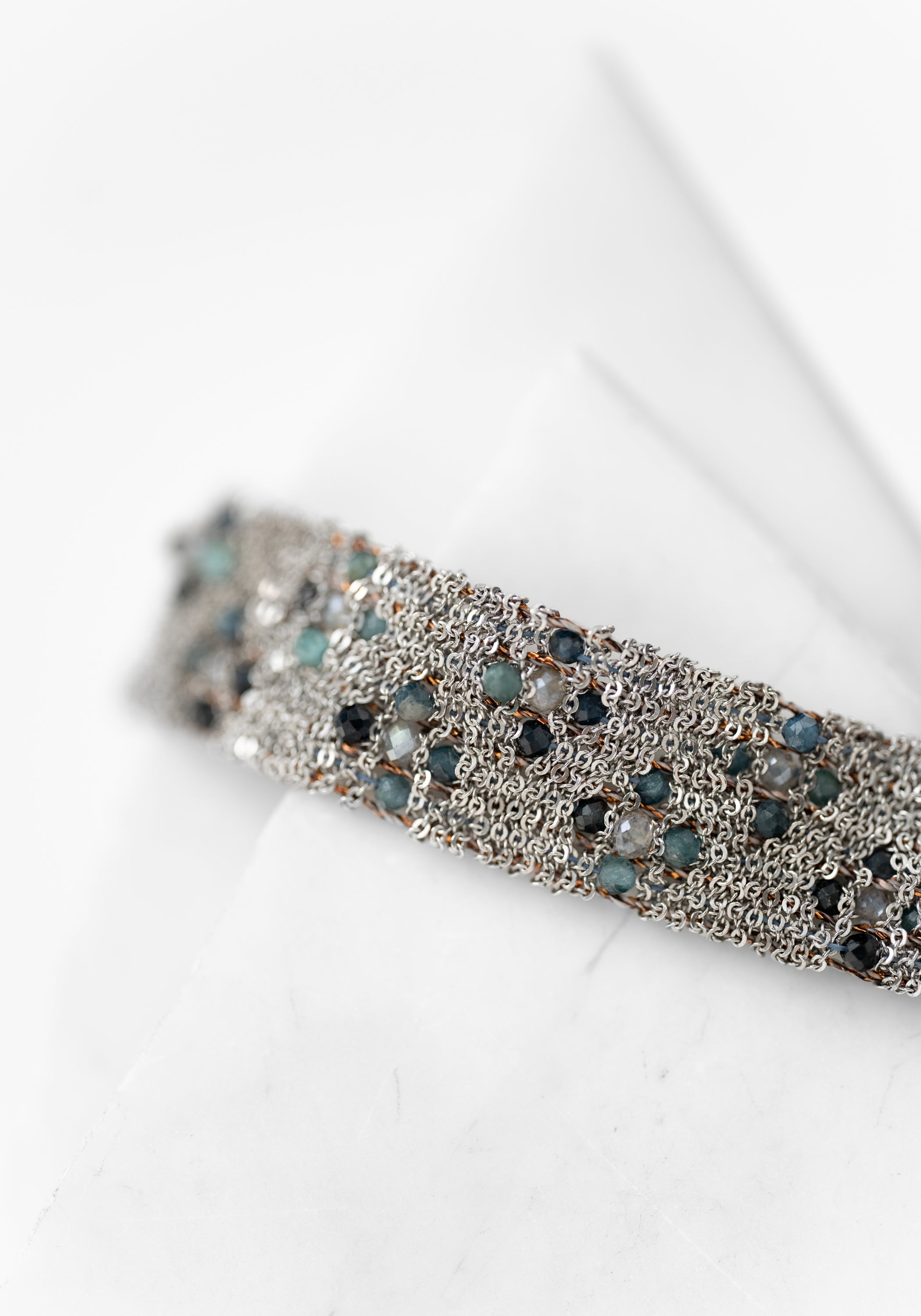 Rhodium Plated Woven Green Tourmaline Bracelet