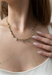 Gold Plated Tourmaline, Kyanite, and Chalcedony Woven Necklace