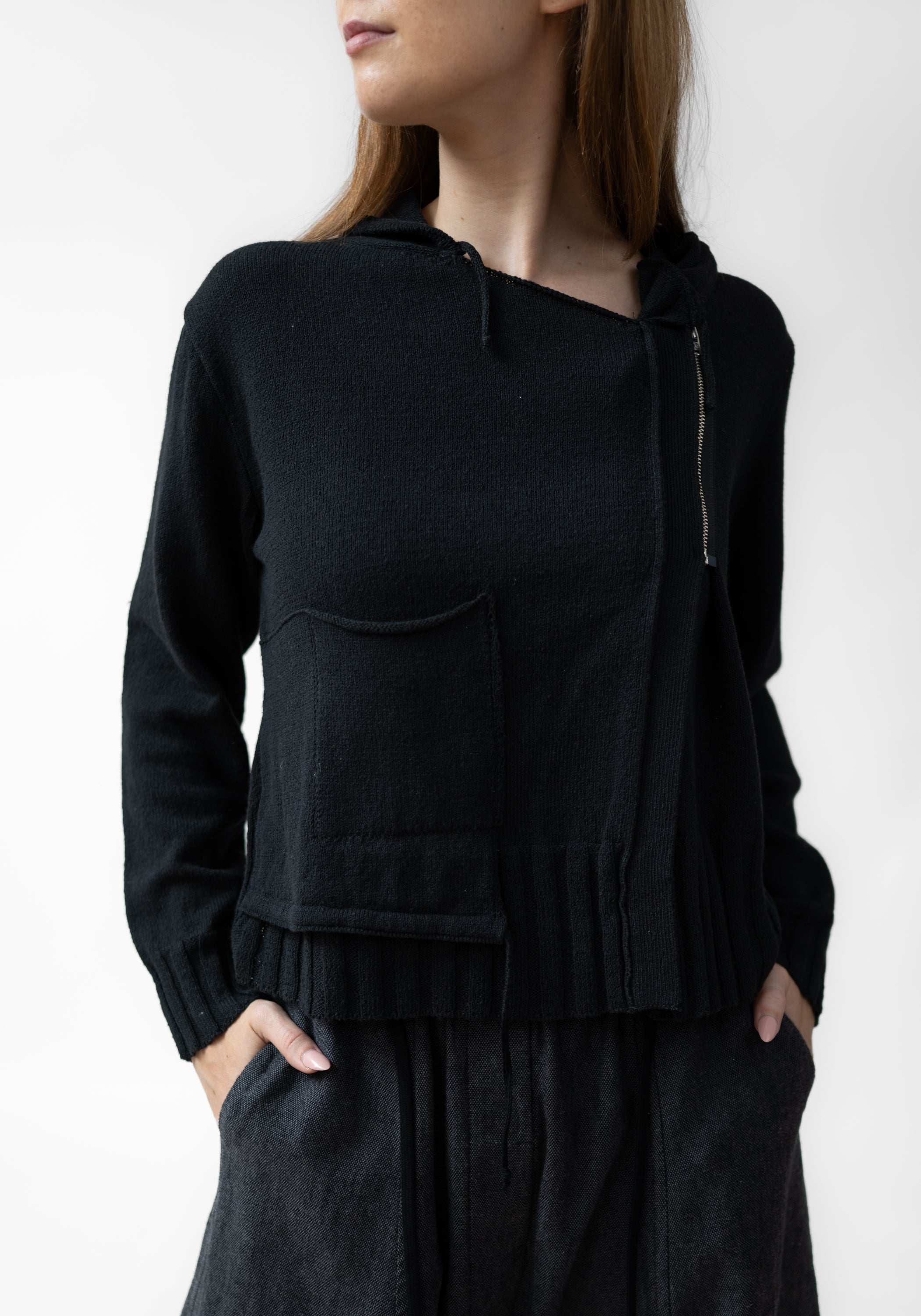 Asymmetric Zip Front Hooded Knit Cardigan - December Thieves