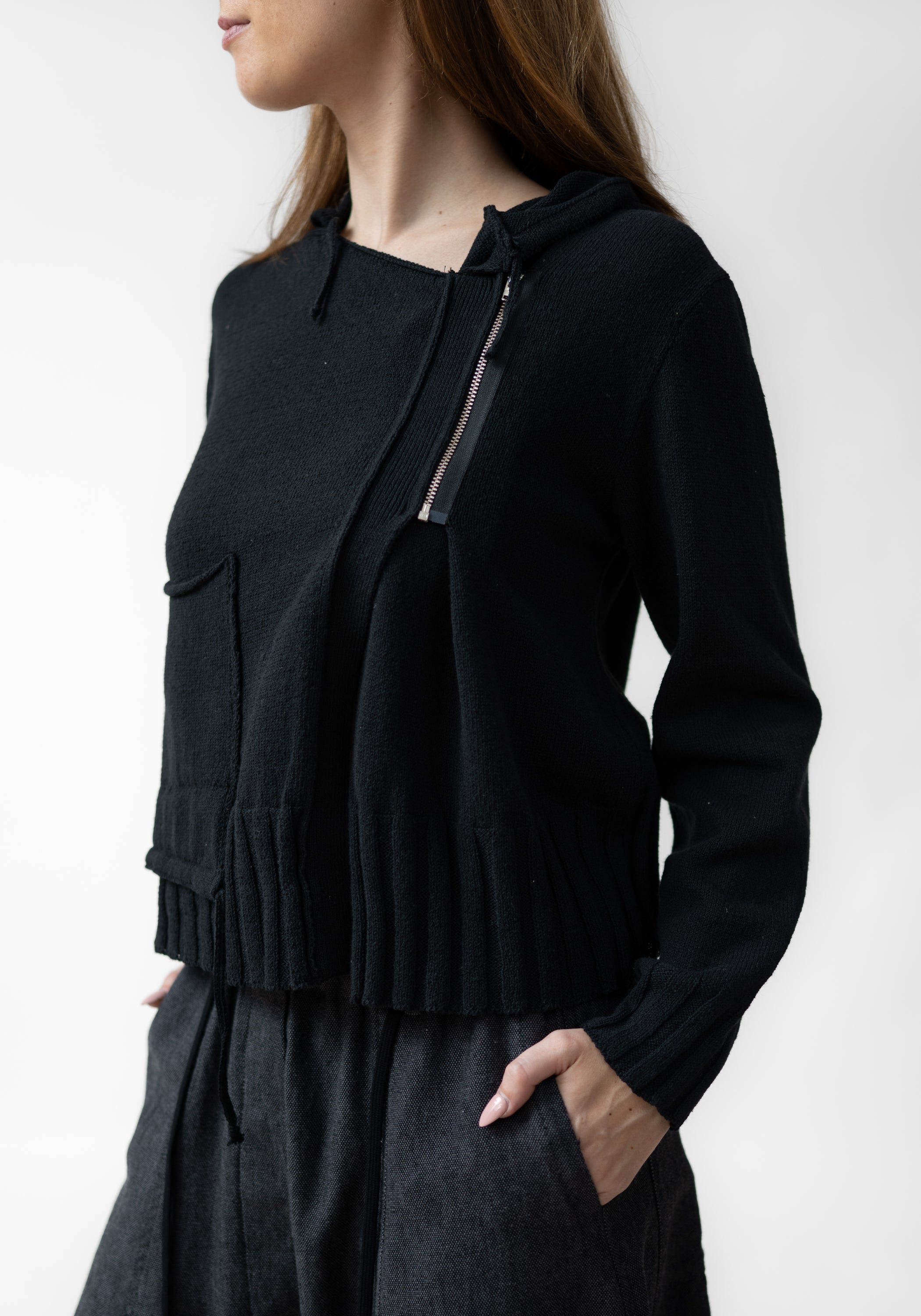 Asymmetric Zip Front Hooded Knit Cardigan - December Thieves