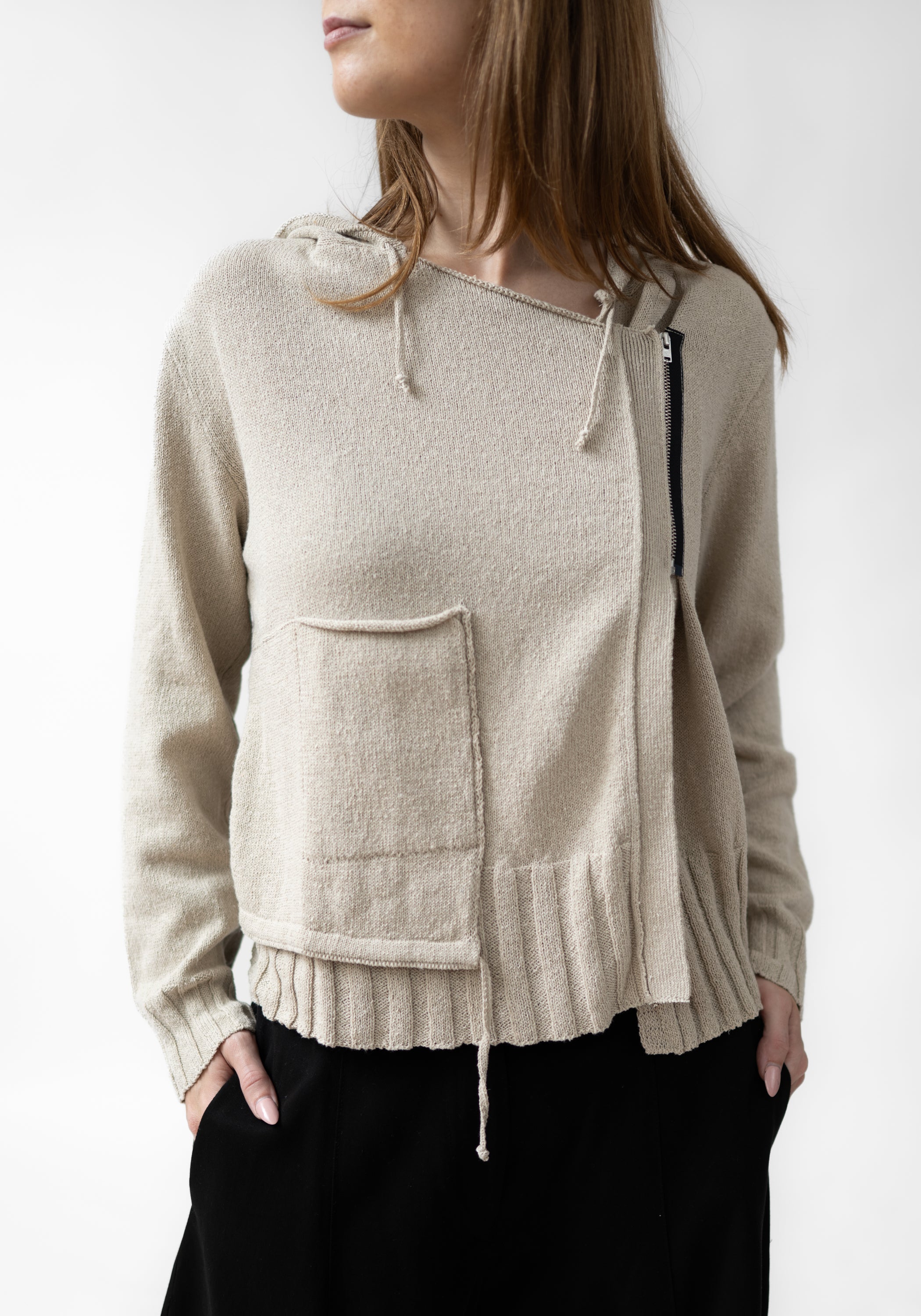 Asymmetric Zip Front Hooded Knit Cardigan - December Thieves