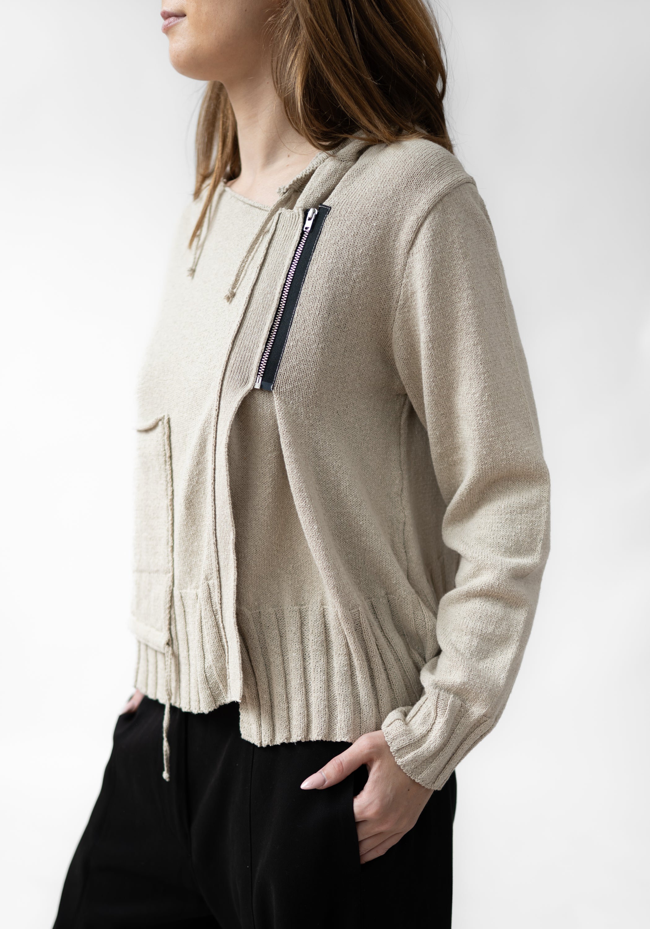 Asymmetric Zip Front Hooded Knit Cardigan - December Thieves