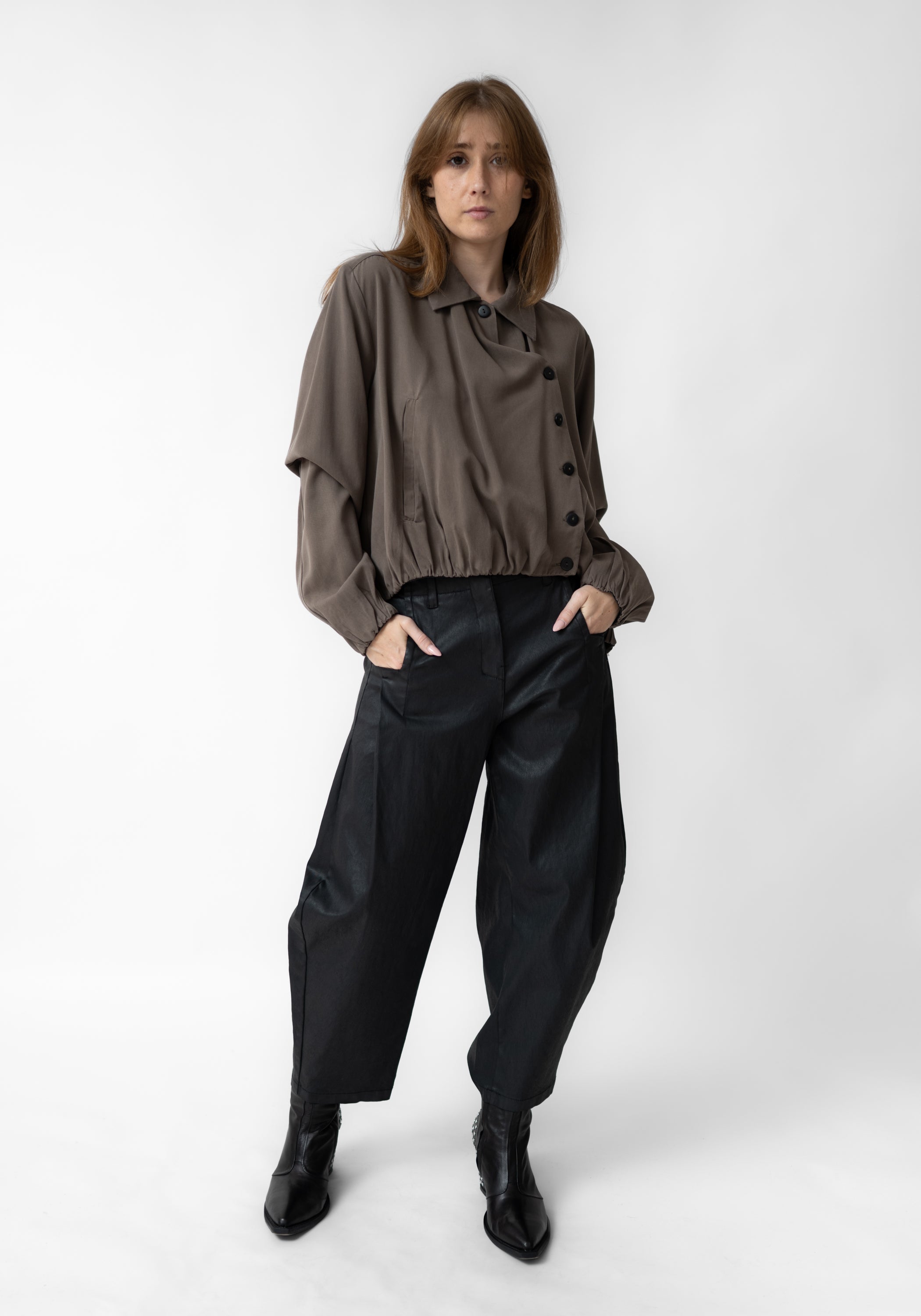 Coated Pleat Detail Tapered Leg Pants