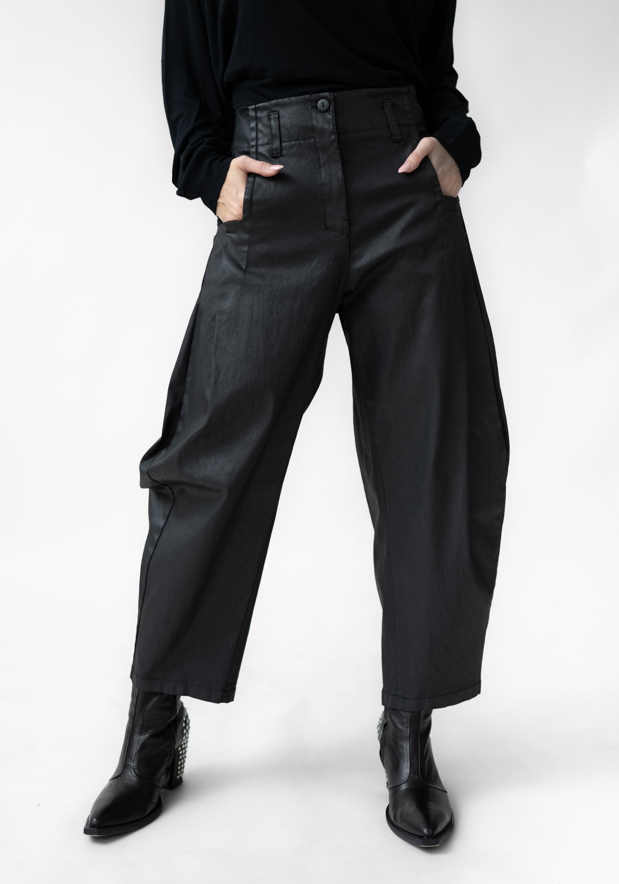 Coated Pleat Detail Tapered Leg Pants