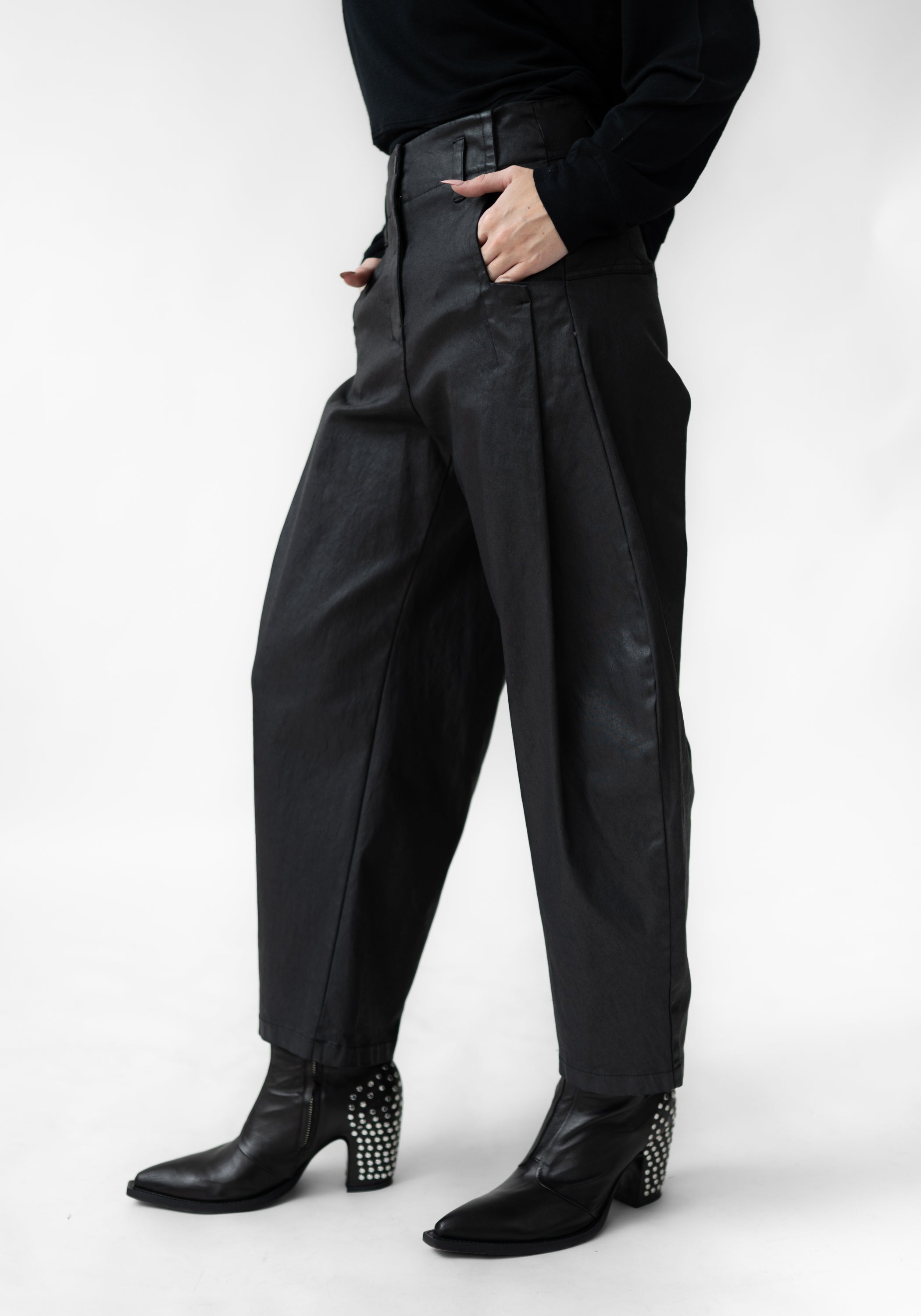 Coated Pleat Detail Tapered Leg Pants
