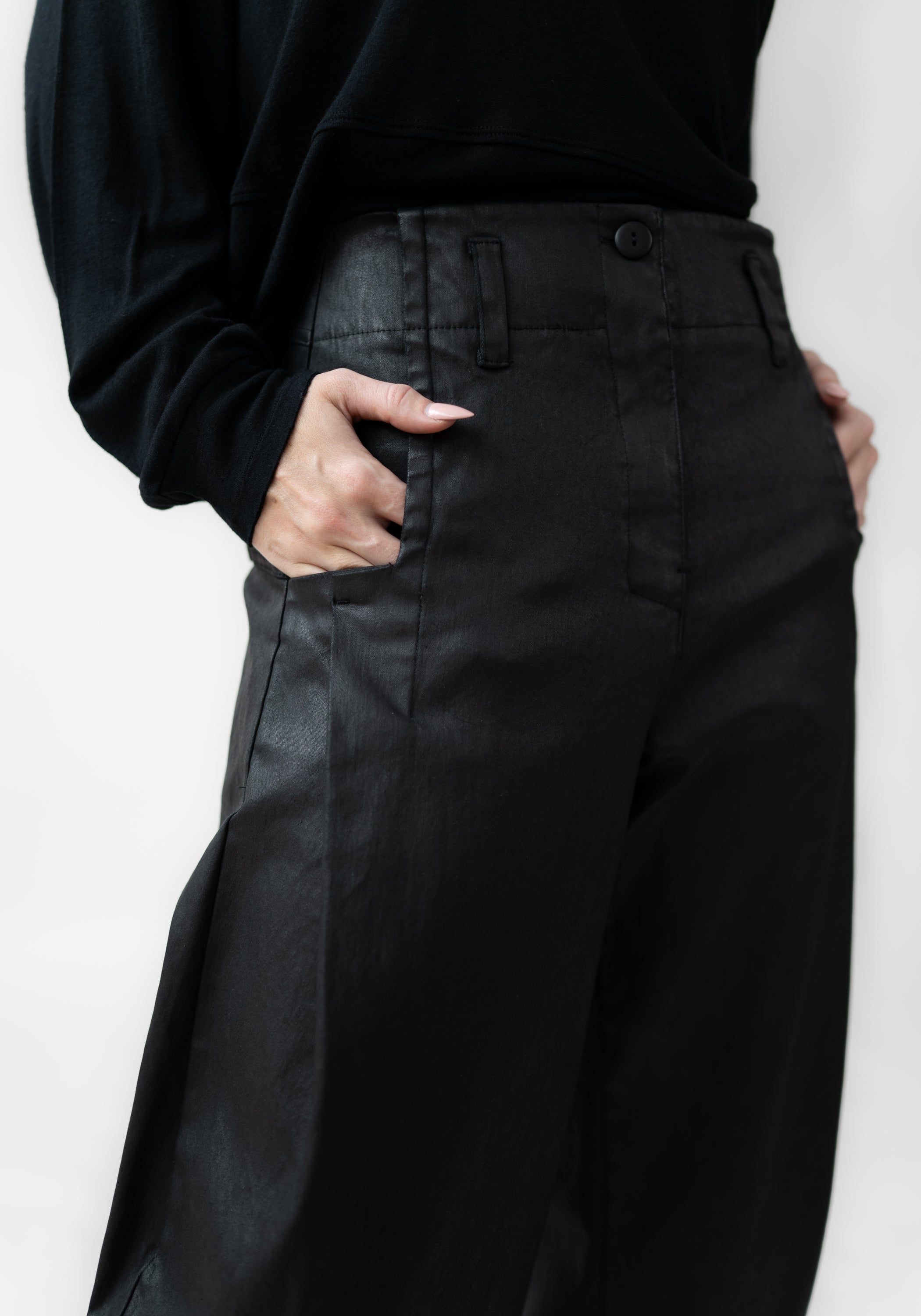 Coated Pleat Detail Tapered Leg Pants
