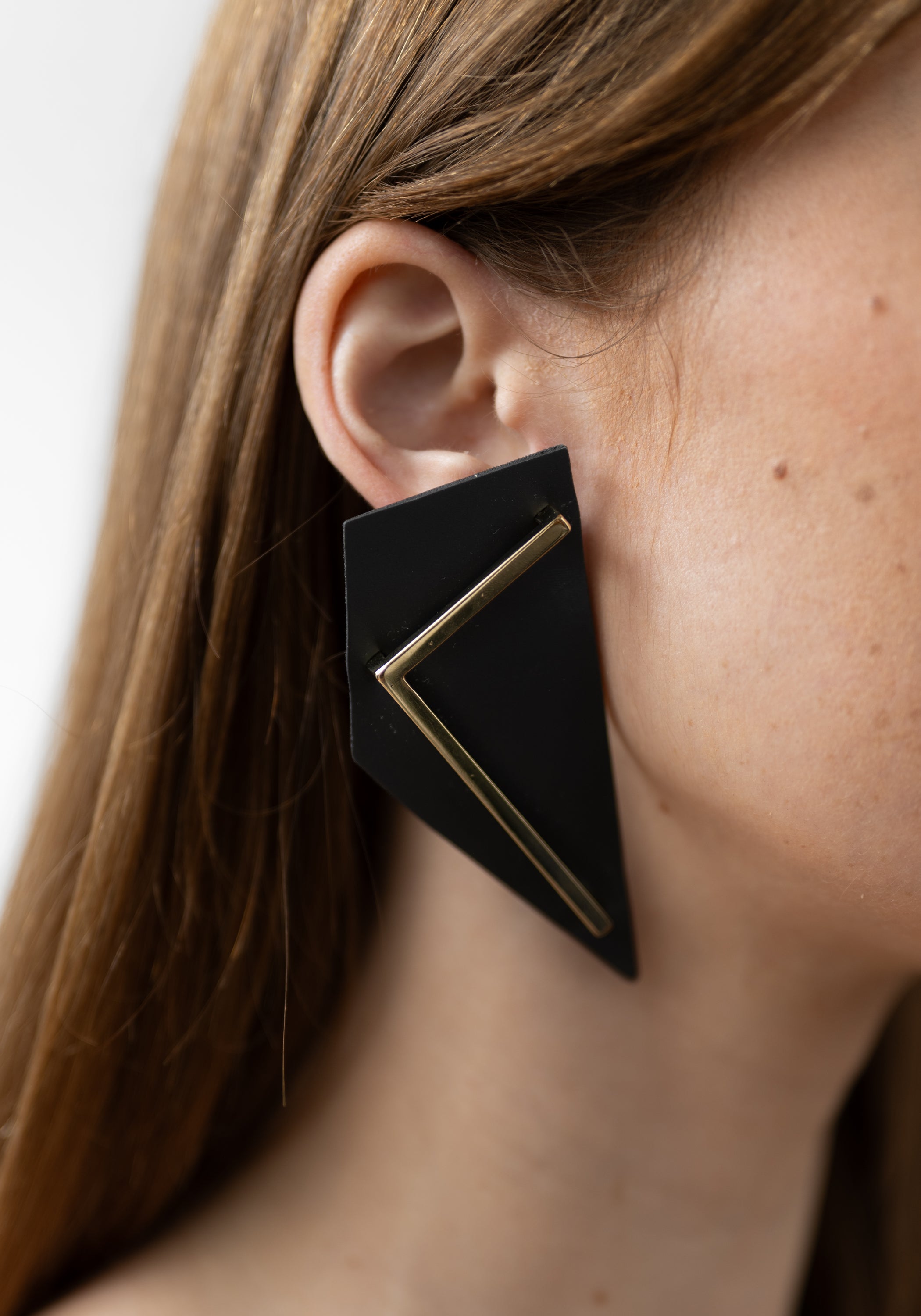 Leather and 22k Gold Plate L Bar Earrings