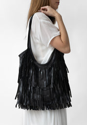Black Leather Fringed Tote