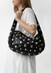 Large Black Leather and Silver Tone Studded Bag