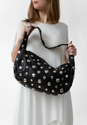 Large Black Leather and Silver Tone Studded Bag