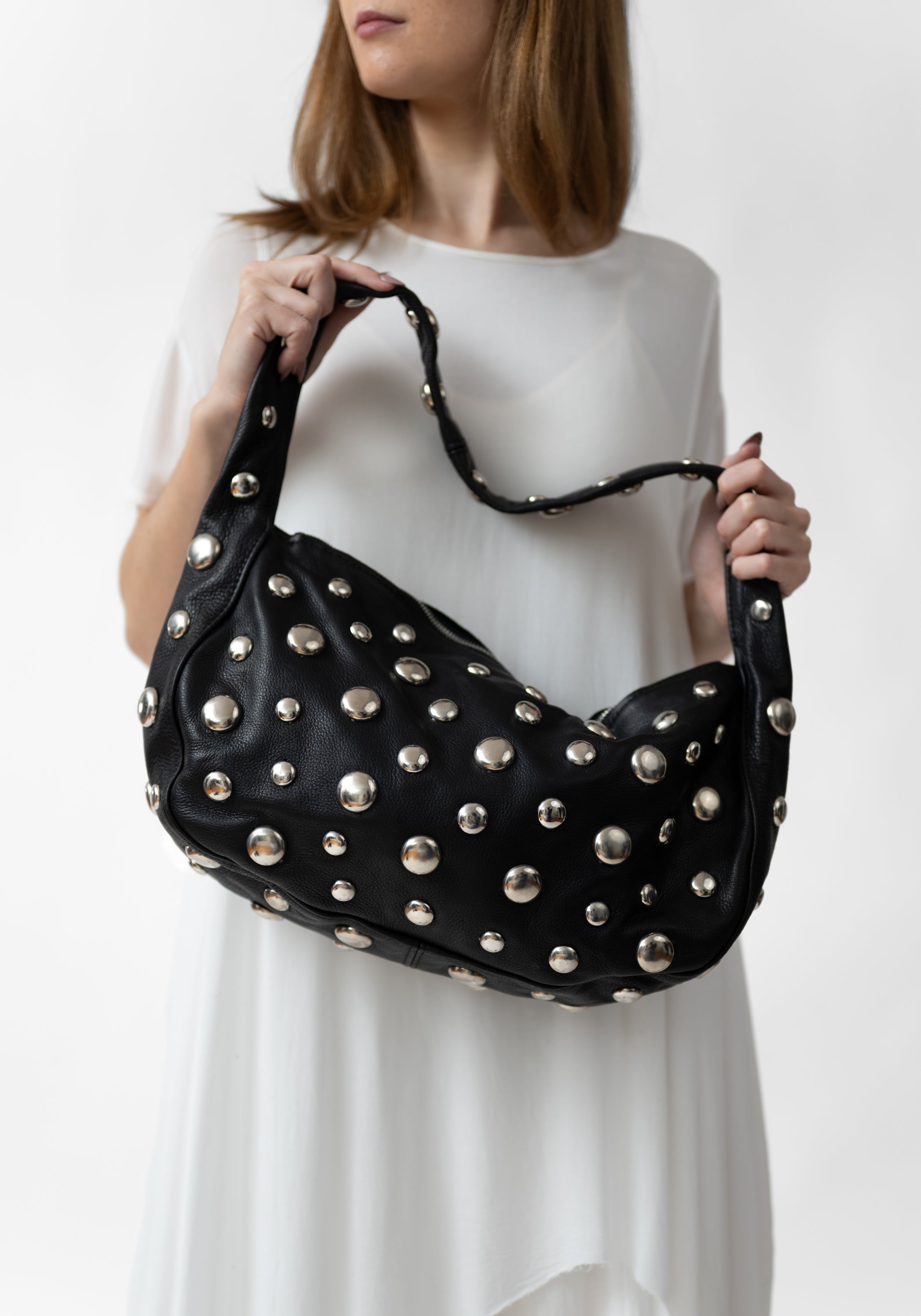 Large Black Leather and Silver Tone Studded Bag