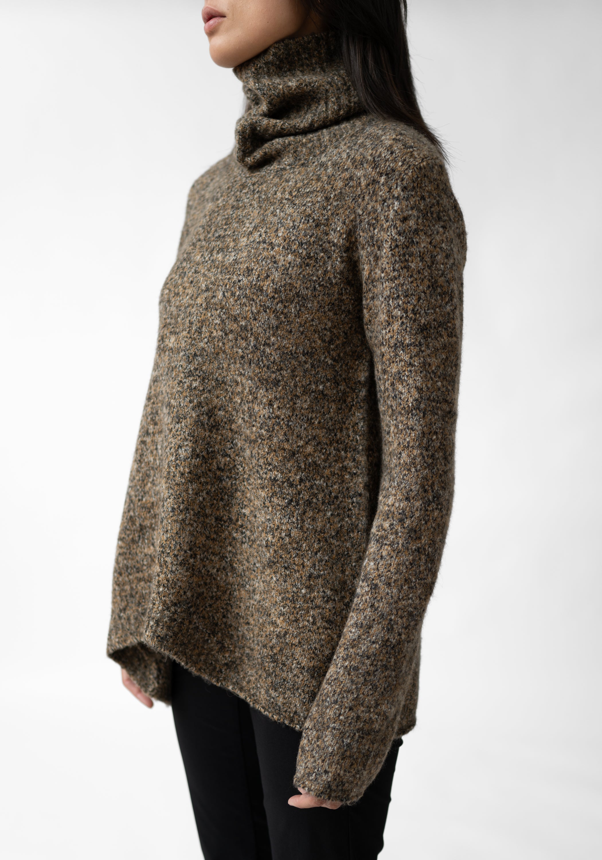 Oversized Asymmetric High Neck Wool Blend Knit Pullover