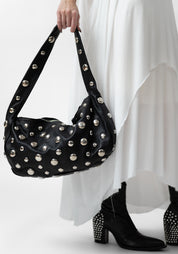 Large Black Leather and Silver Tone Studded Bag