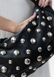 Large Black Leather and Silver Tone Studded Bag