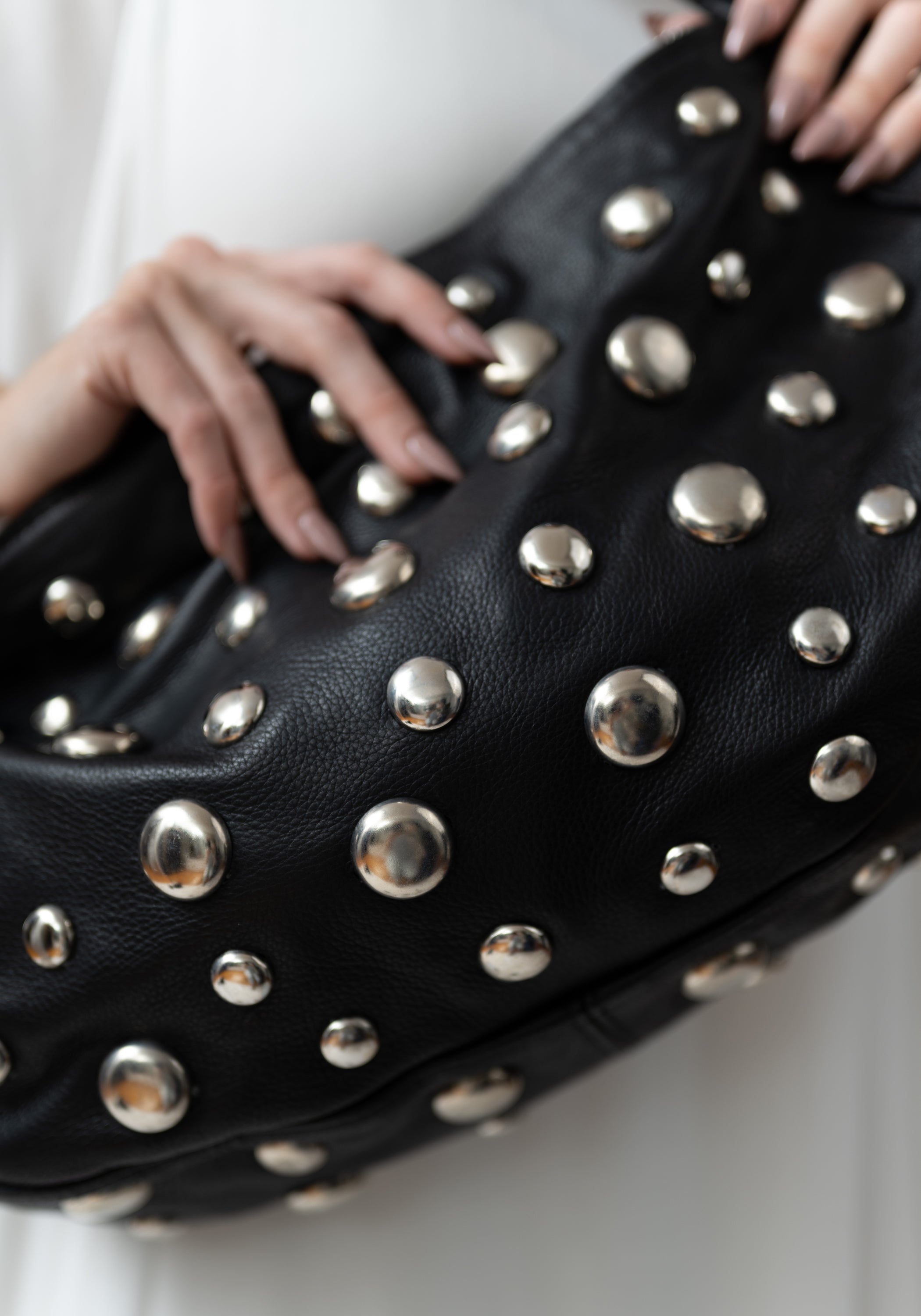 Large Black Leather and Silver Tone Studded Bag