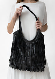 Black Leather Fringed Tote