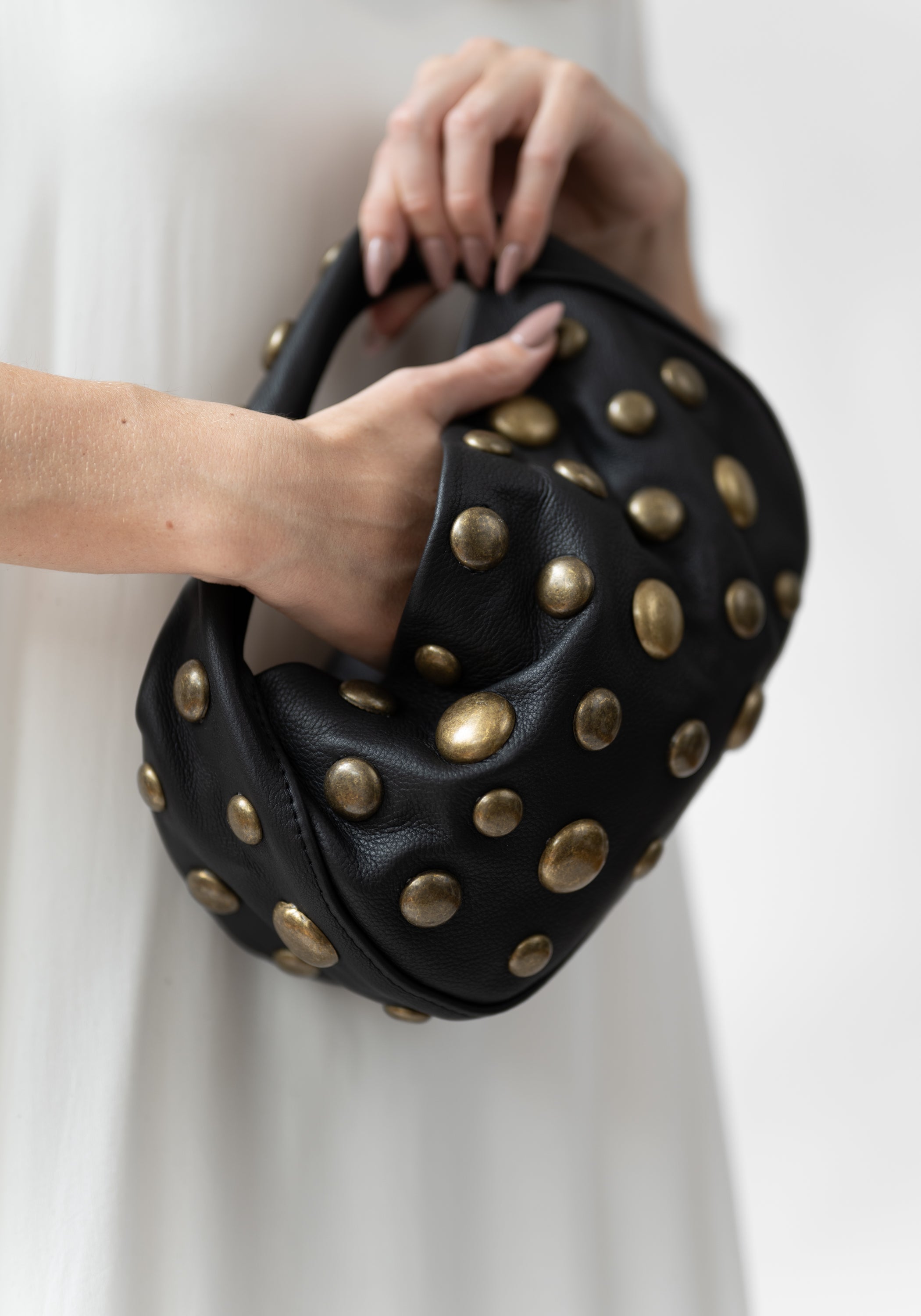 Petite Slate Leather and Antique Brass Studded Bag