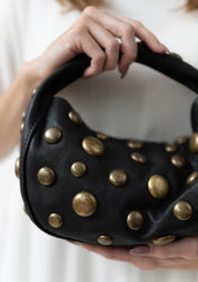 Petite Slate Leather and Antique Brass Studded Bag