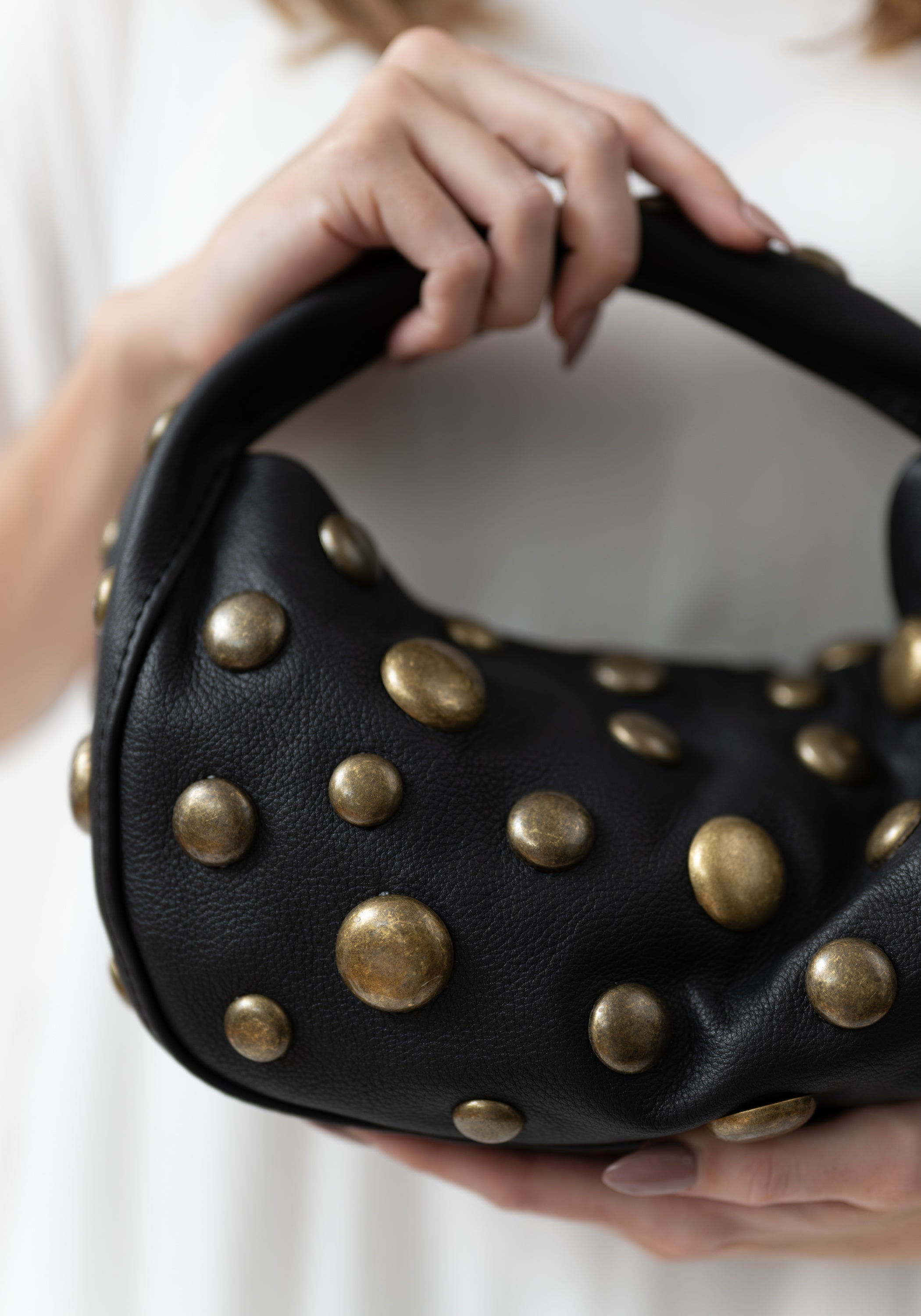 Petite Slate Leather and Antique Brass Studded Bag