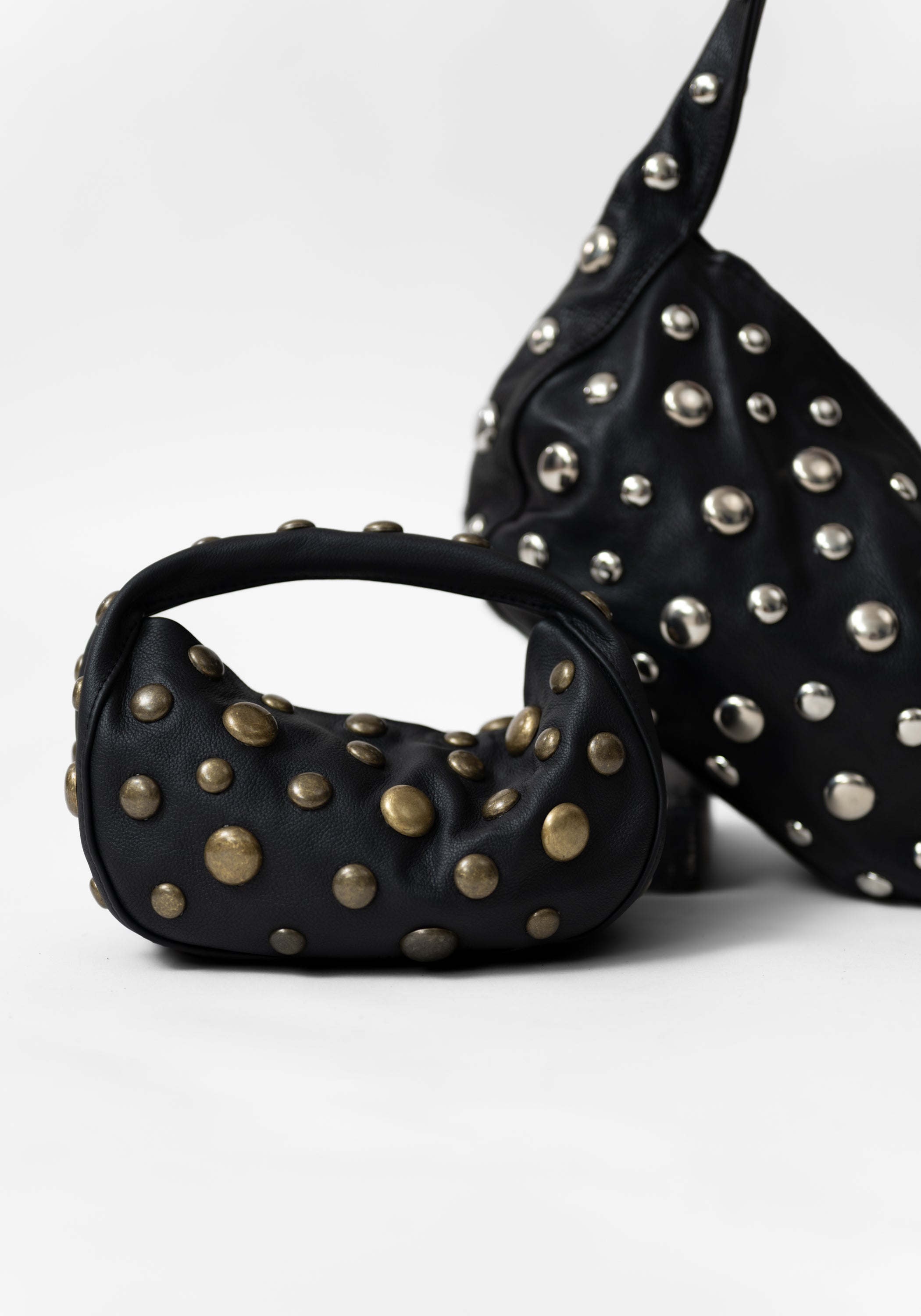 Petite Slate Leather and Antique Brass Studded Bag