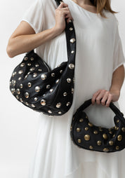 Large Black Leather and Silver Tone Studded Bag