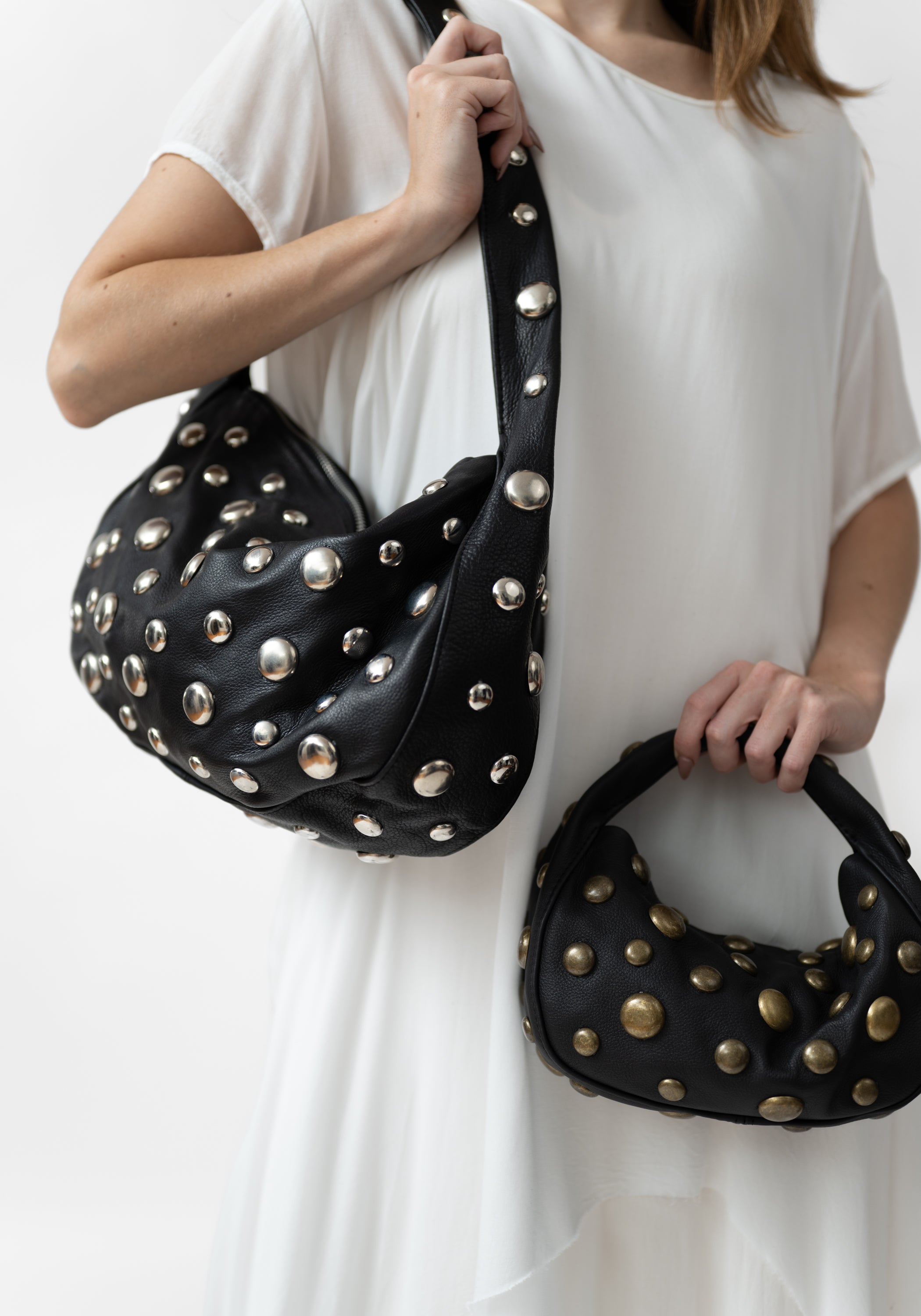 Large Black Leather and Silver Tone Studded Bag