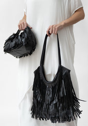 Black Leather Fringed Tote