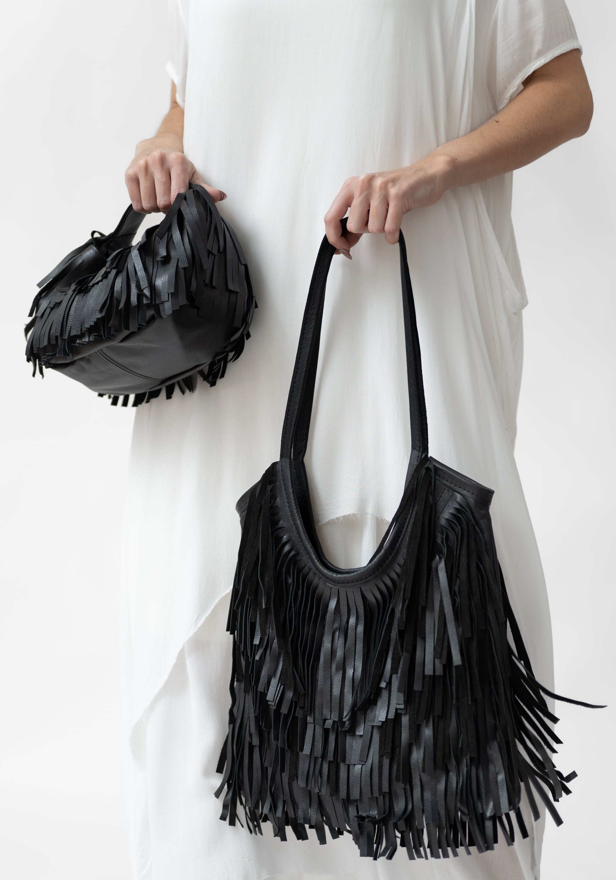 Black Leather Fringed Tote