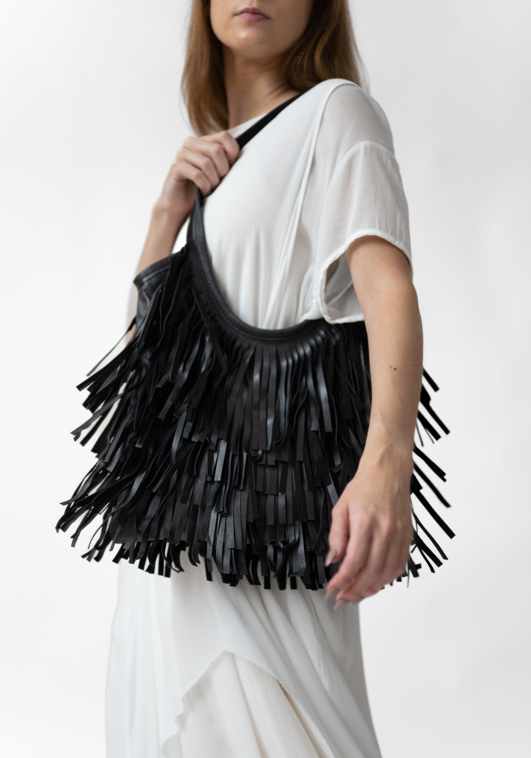 Black Leather Fringed Tote