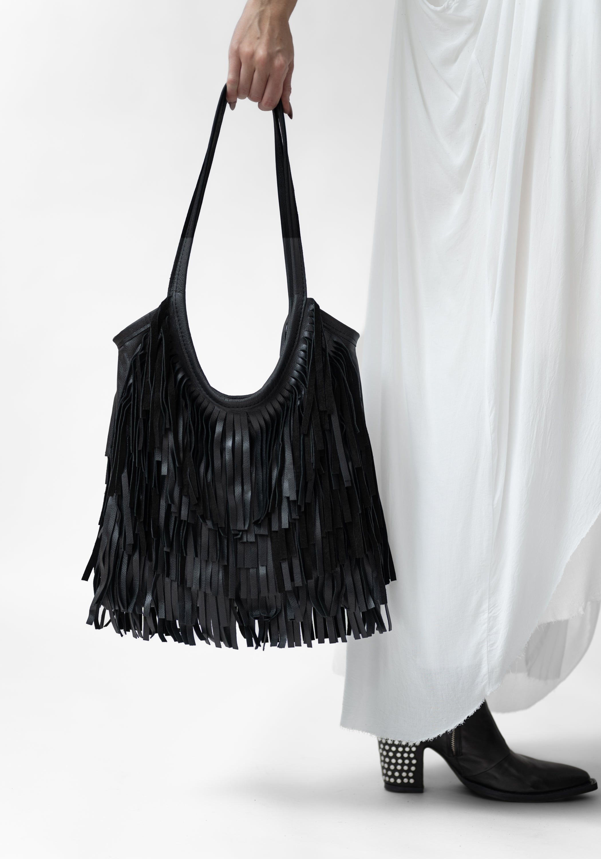 Black Leather Fringed Tote