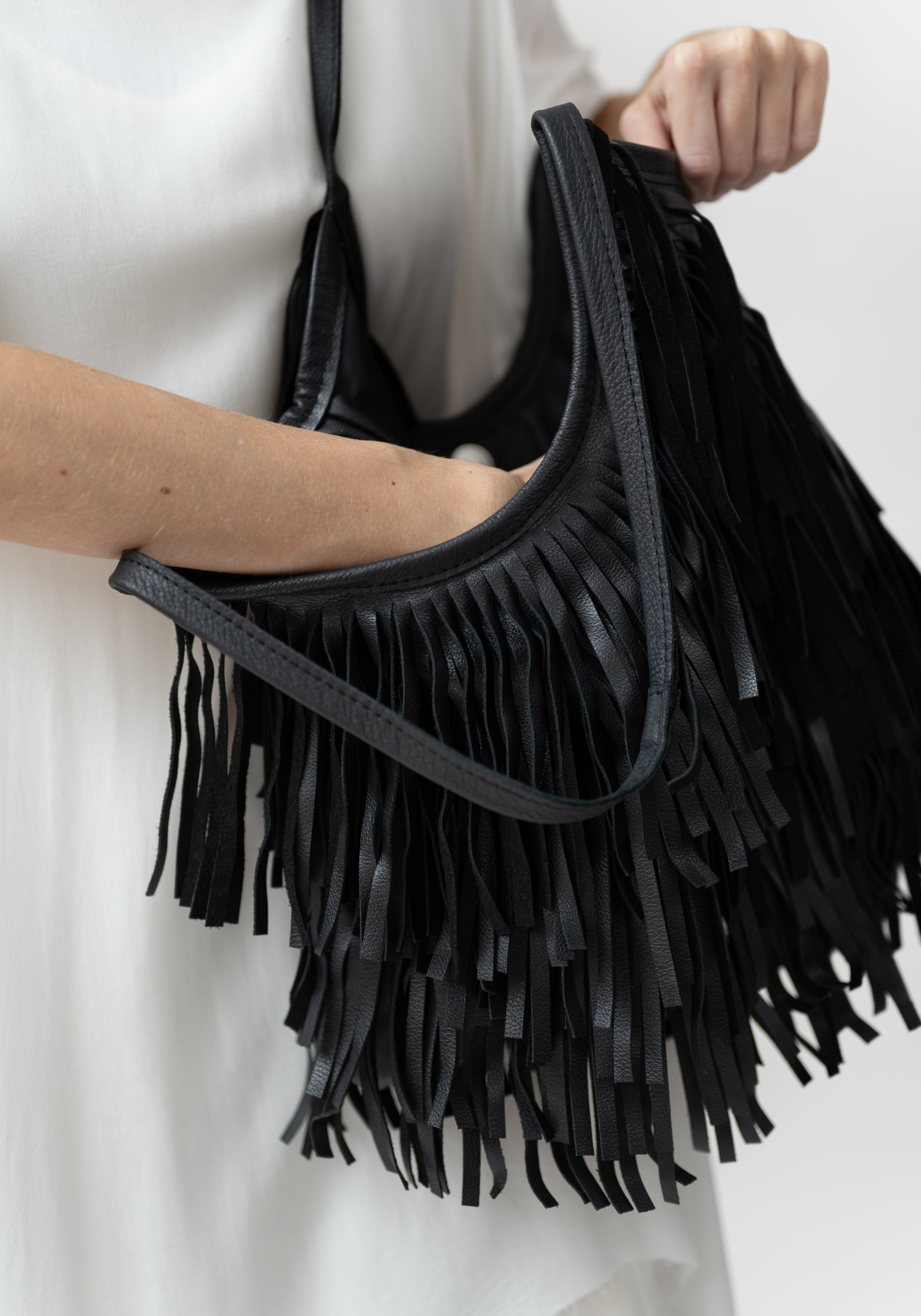 Black Leather Fringed Tote