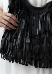 Black Leather Fringed Tote
