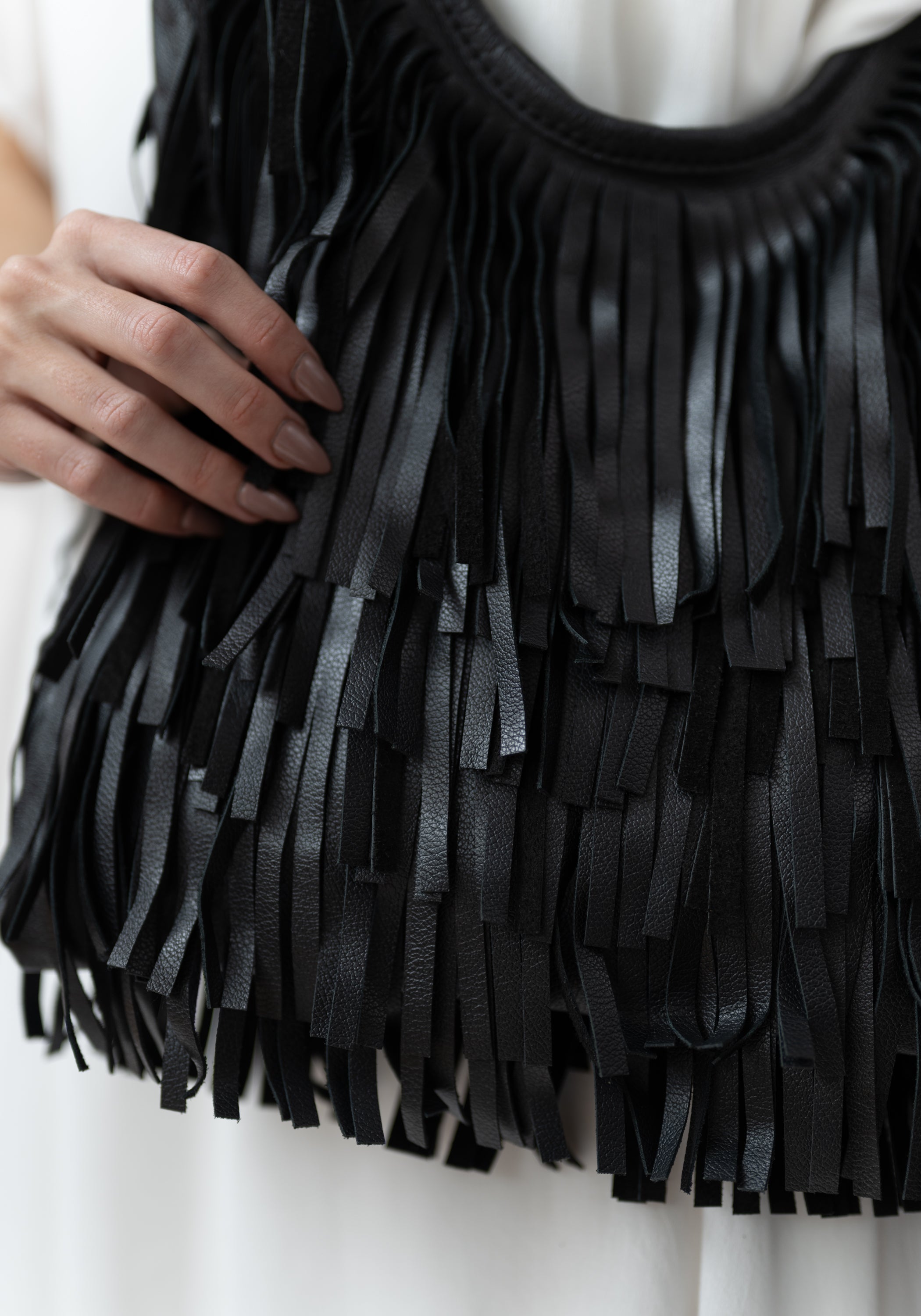 Black Leather Fringed Tote