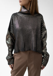 Laminated Bronze Ribbed Knit High Neck Pullover