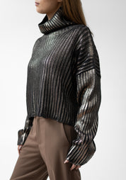 Laminated Bronze Ribbed Knit High Neck Pullover