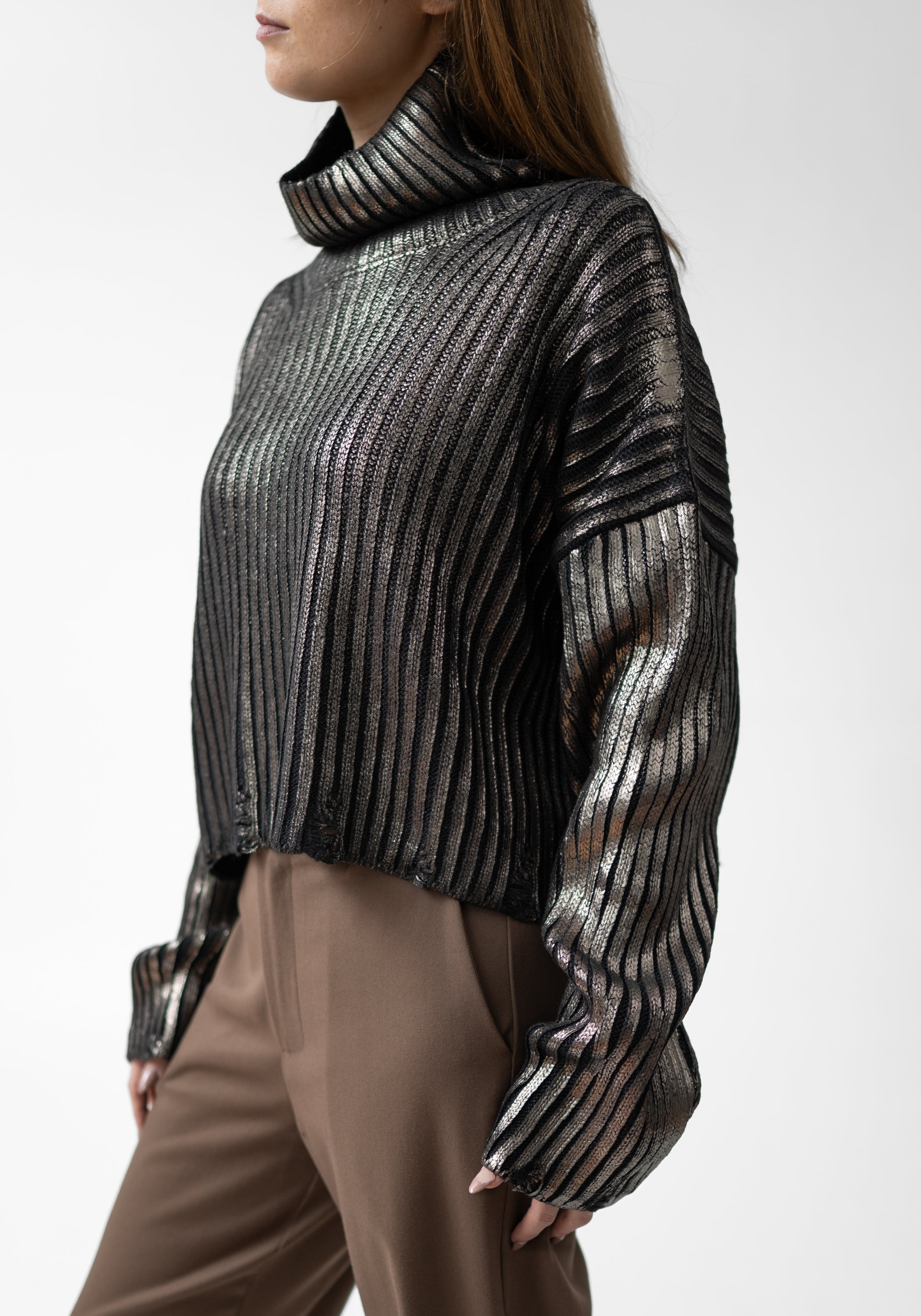 Laminated Bronze Ribbed Knit High Neck Pullover