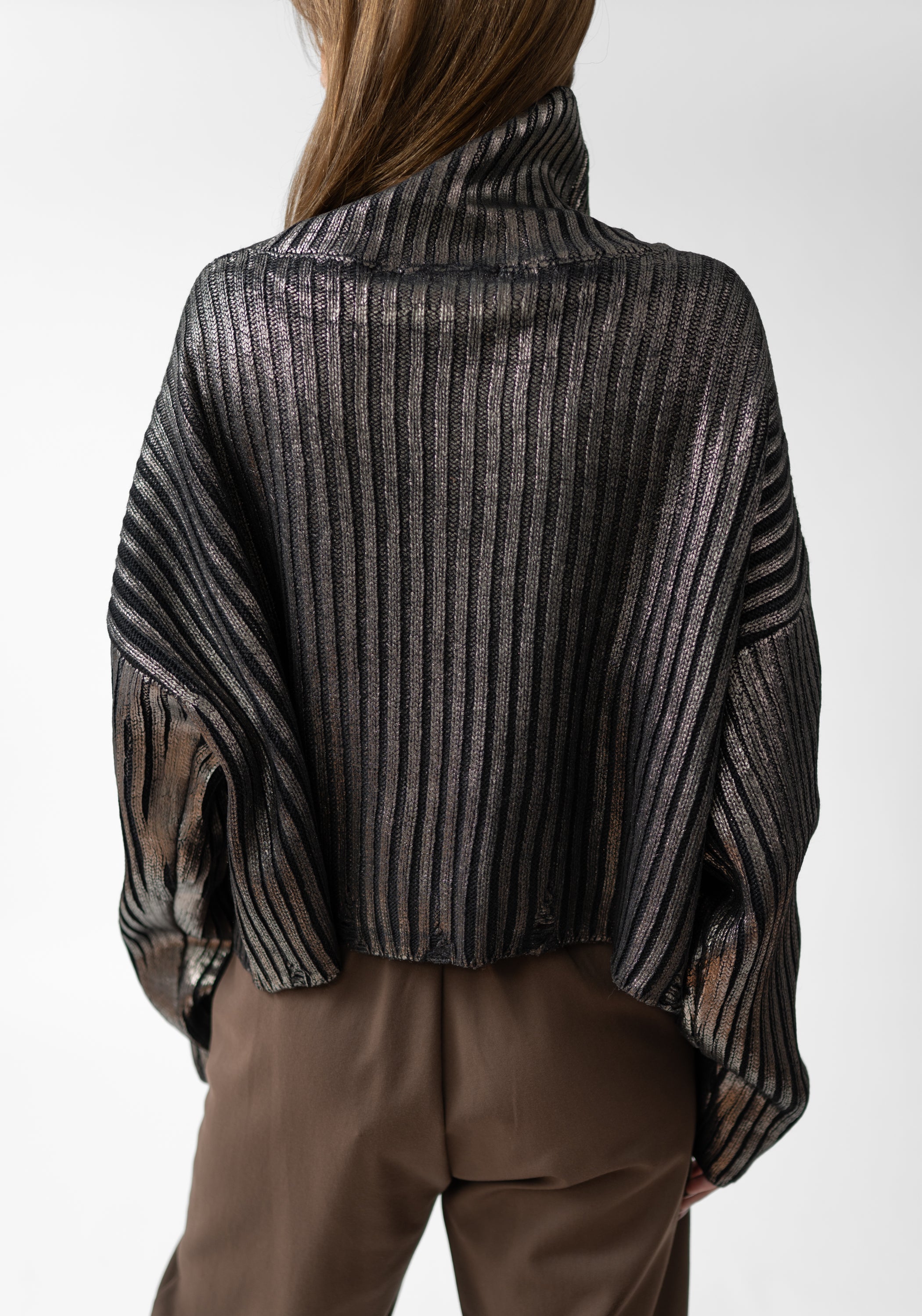 Laminated Bronze Ribbed Knit High Neck Pullover