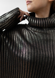 Laminated Bronze Ribbed Knit High Neck Pullover