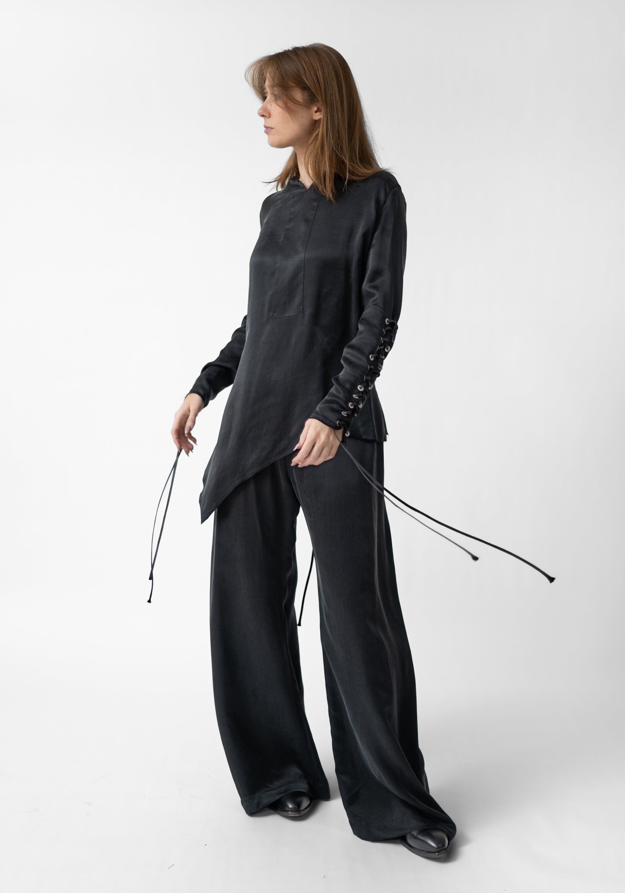 Lacing Detail Long Sleeve Cupro Top