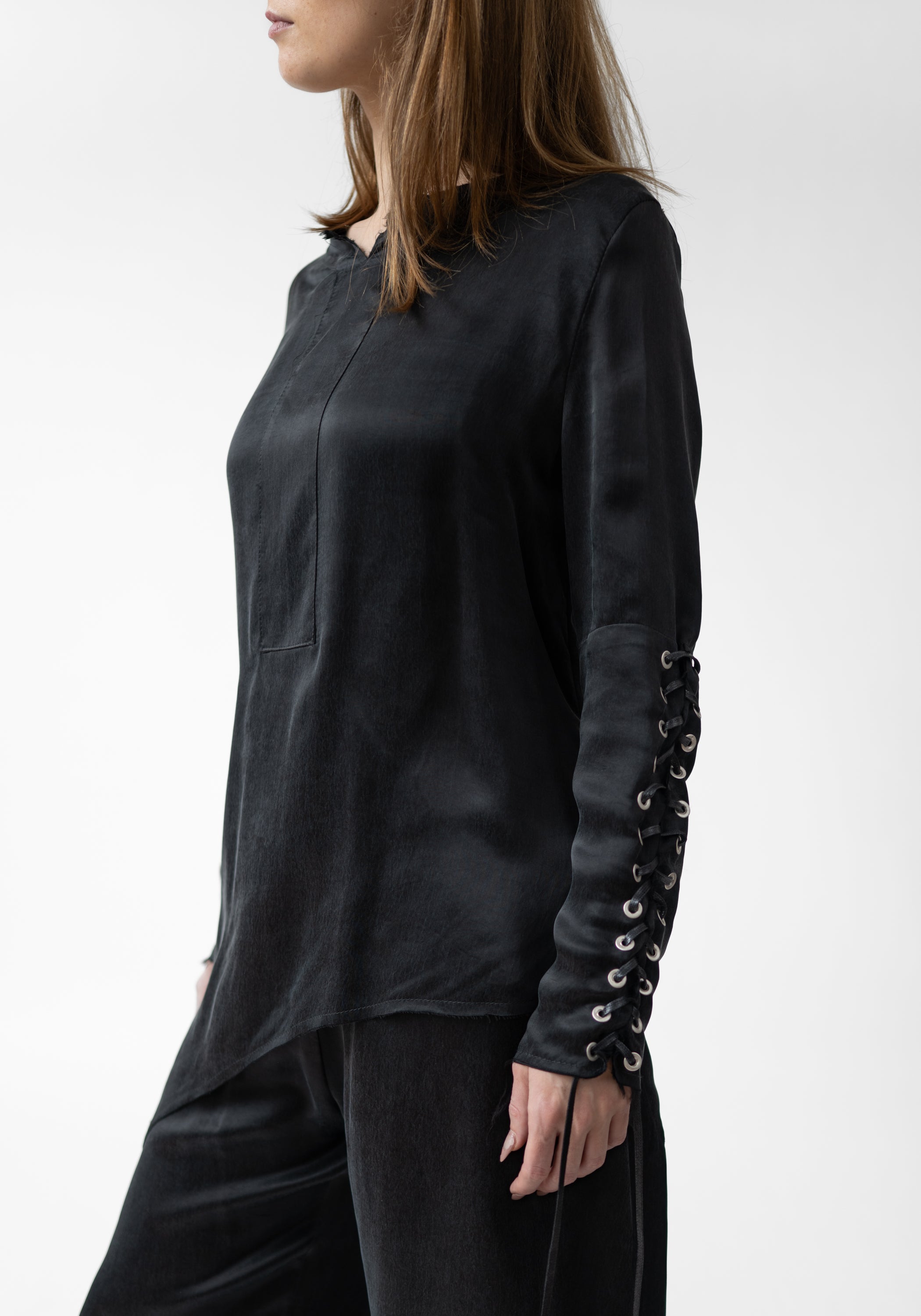 Lacing Detail Long Sleeve Cupro Top