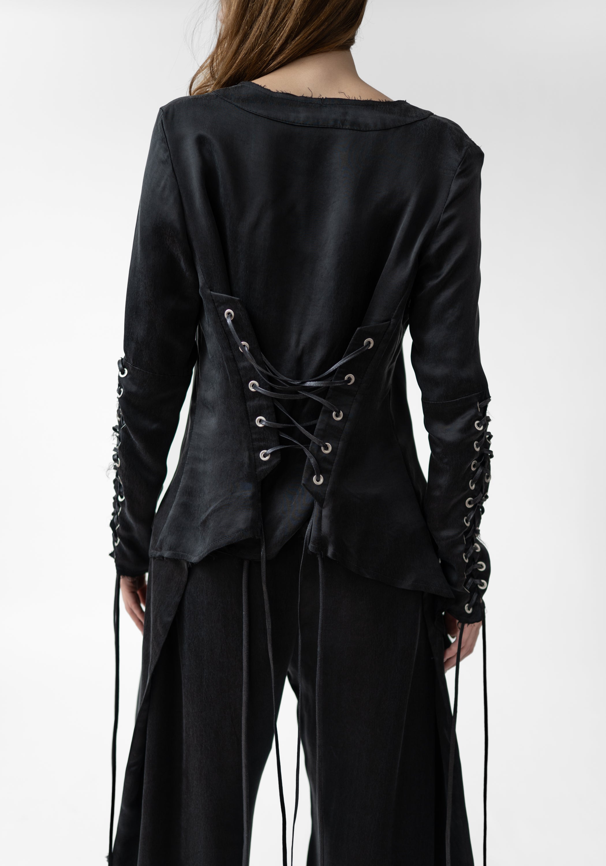 Lacing Detail Long Sleeve Cupro Top
