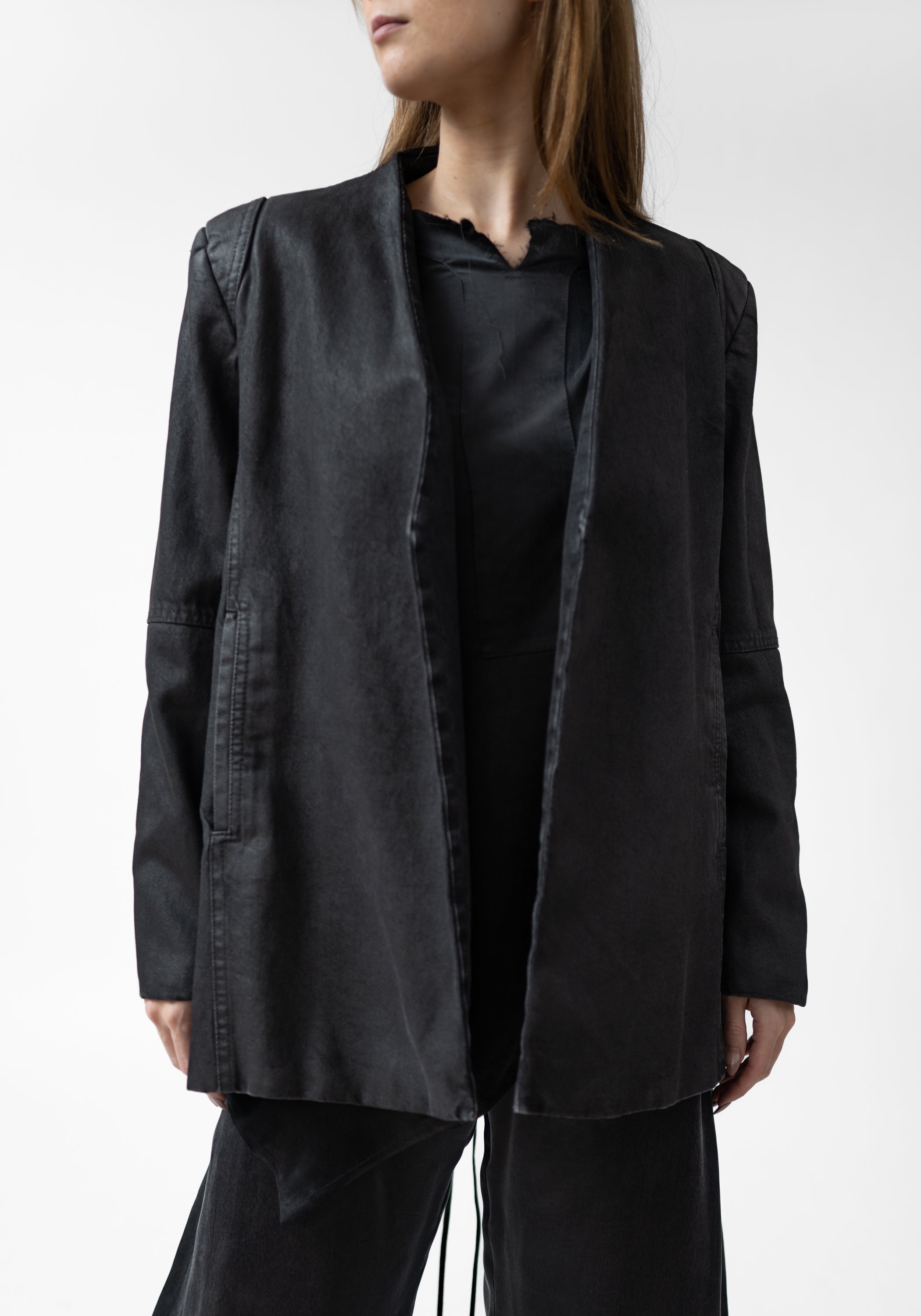 Bold Shoulder Oversized Waxed Denim Blazer
