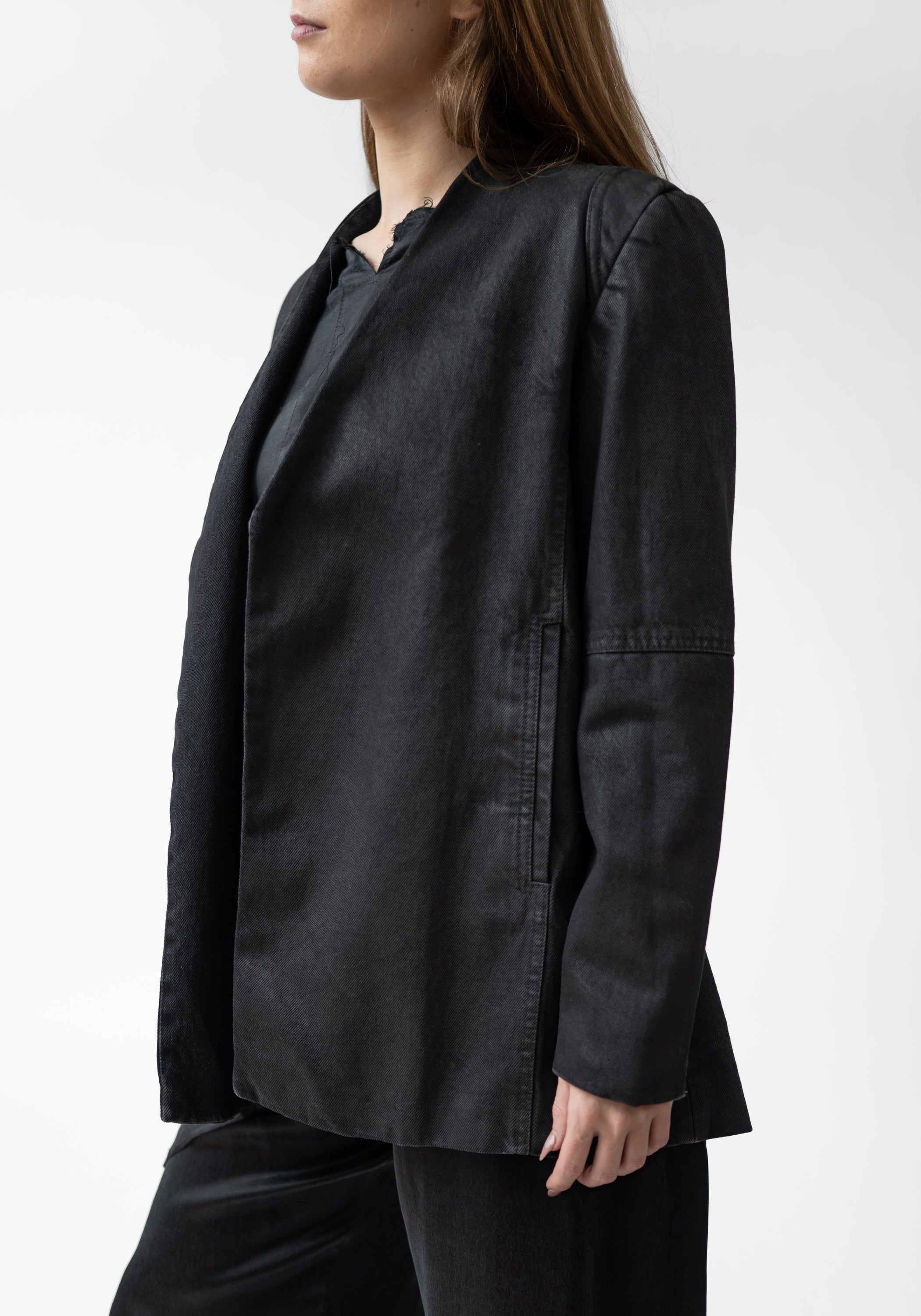 Bold Shoulder Oversized Waxed Denim Blazer