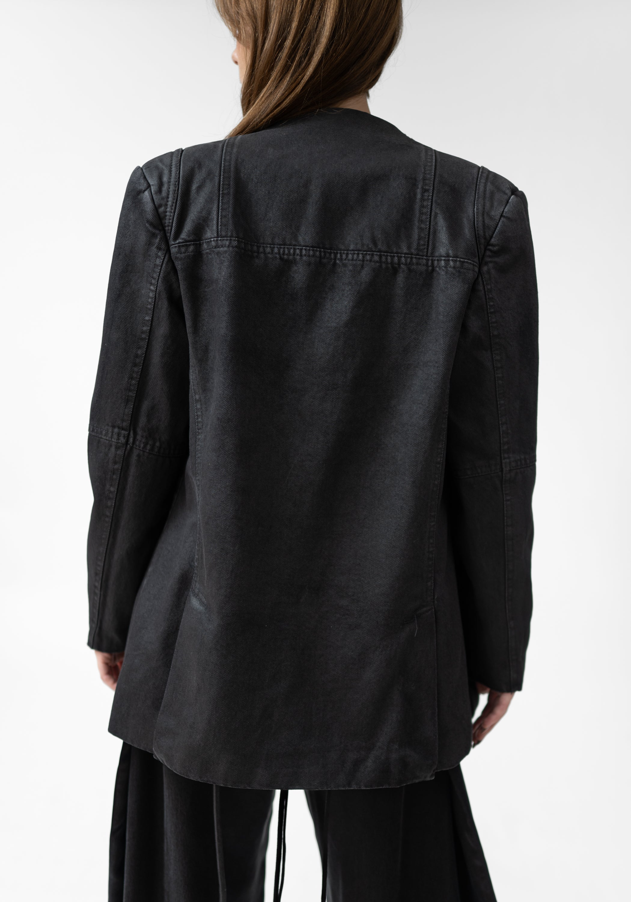 Bold Shoulder Oversized Waxed Denim Blazer