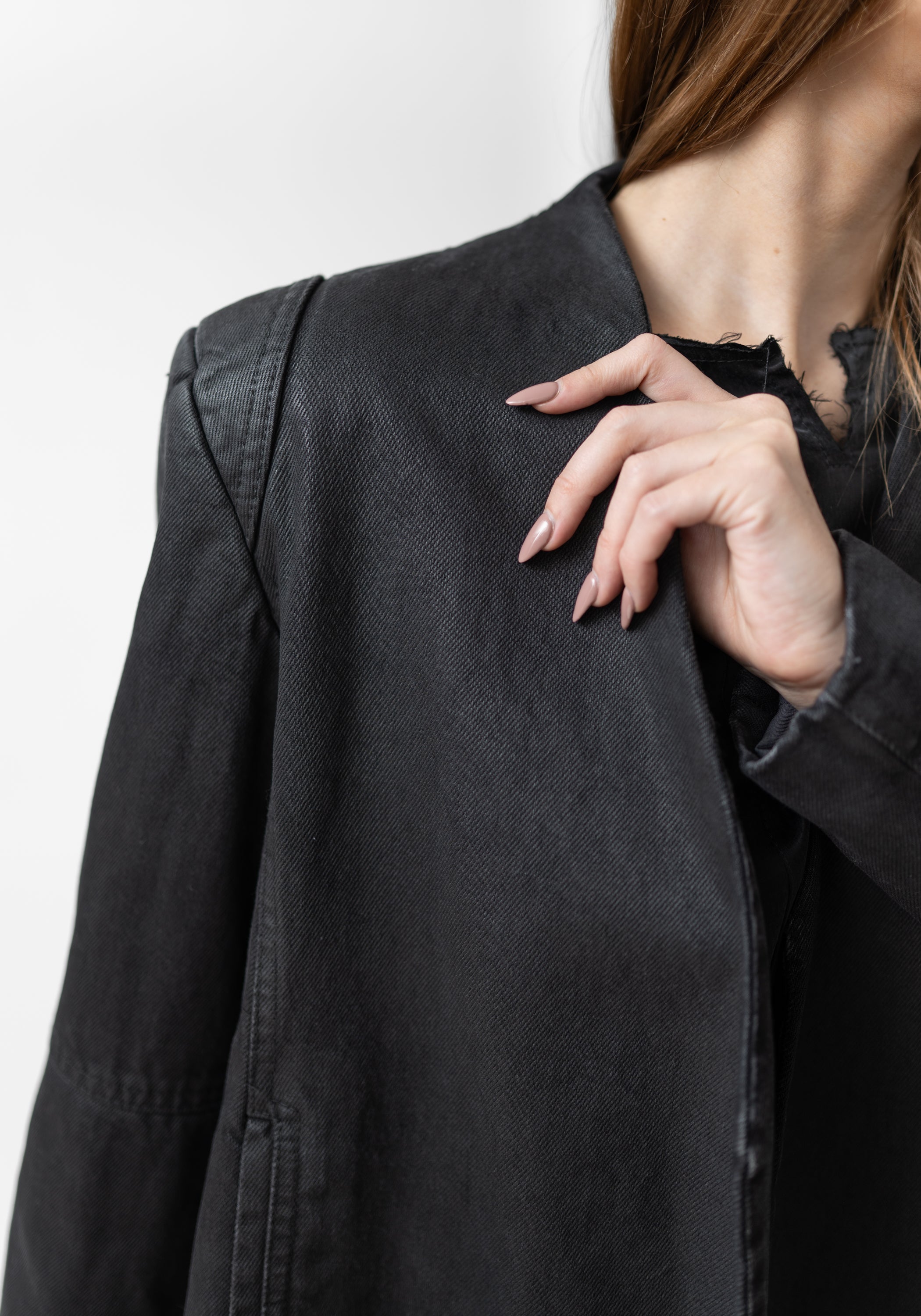 Bold Shoulder Oversized Waxed Denim Blazer